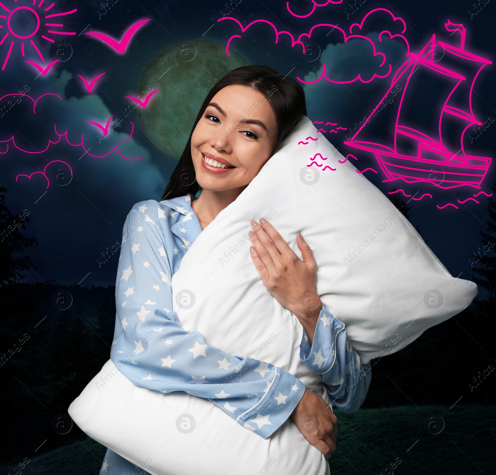 Image of Beautiful Asian woman holding pillow dreaming about voyage, night sky with full moon on background