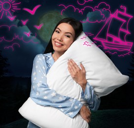 Image of Beautiful Asian woman holding pillow dreaming about voyage, night sky with full moon on background