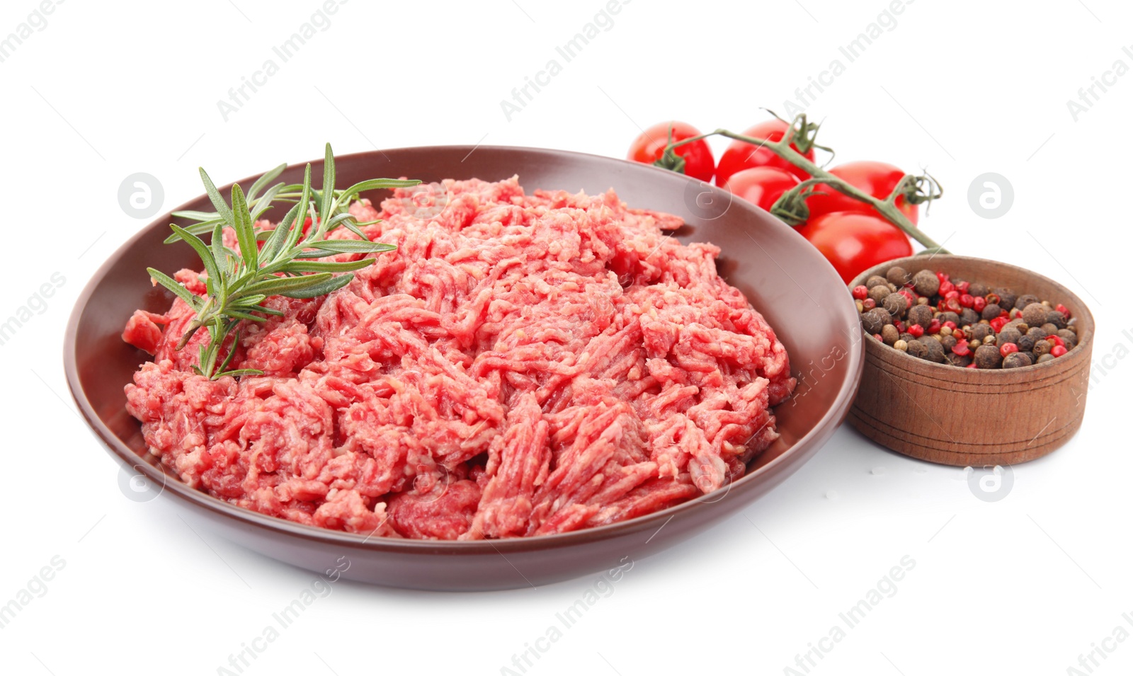 Photo of Fresh minced meat and other ingredients on white background