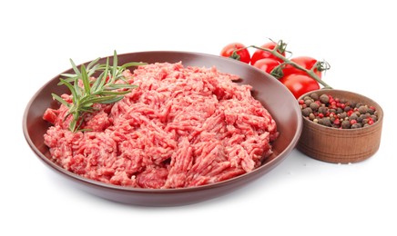 Fresh minced meat and other ingredients on white background