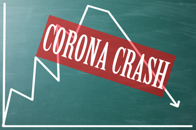 Image of Text CORONA CRASH and chart on green chalkboard
