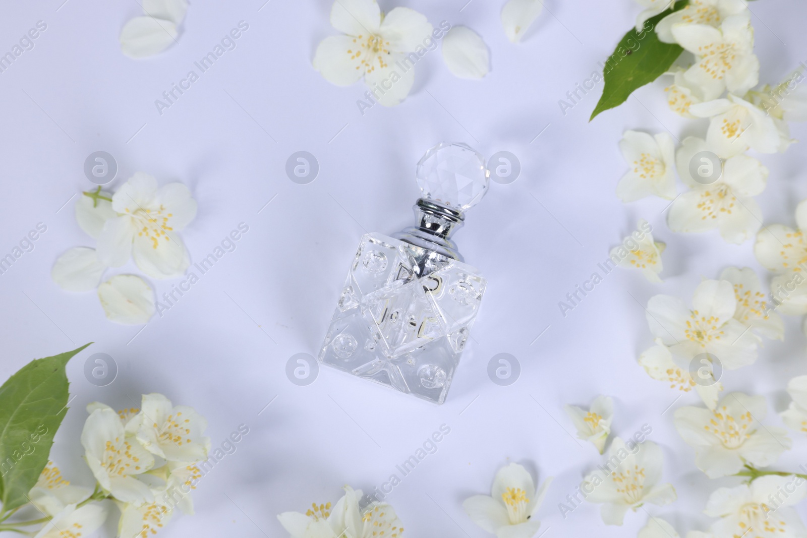 Photo of Aromatic perfume in bottle and beautiful jasmine flowers on white background, flat lay