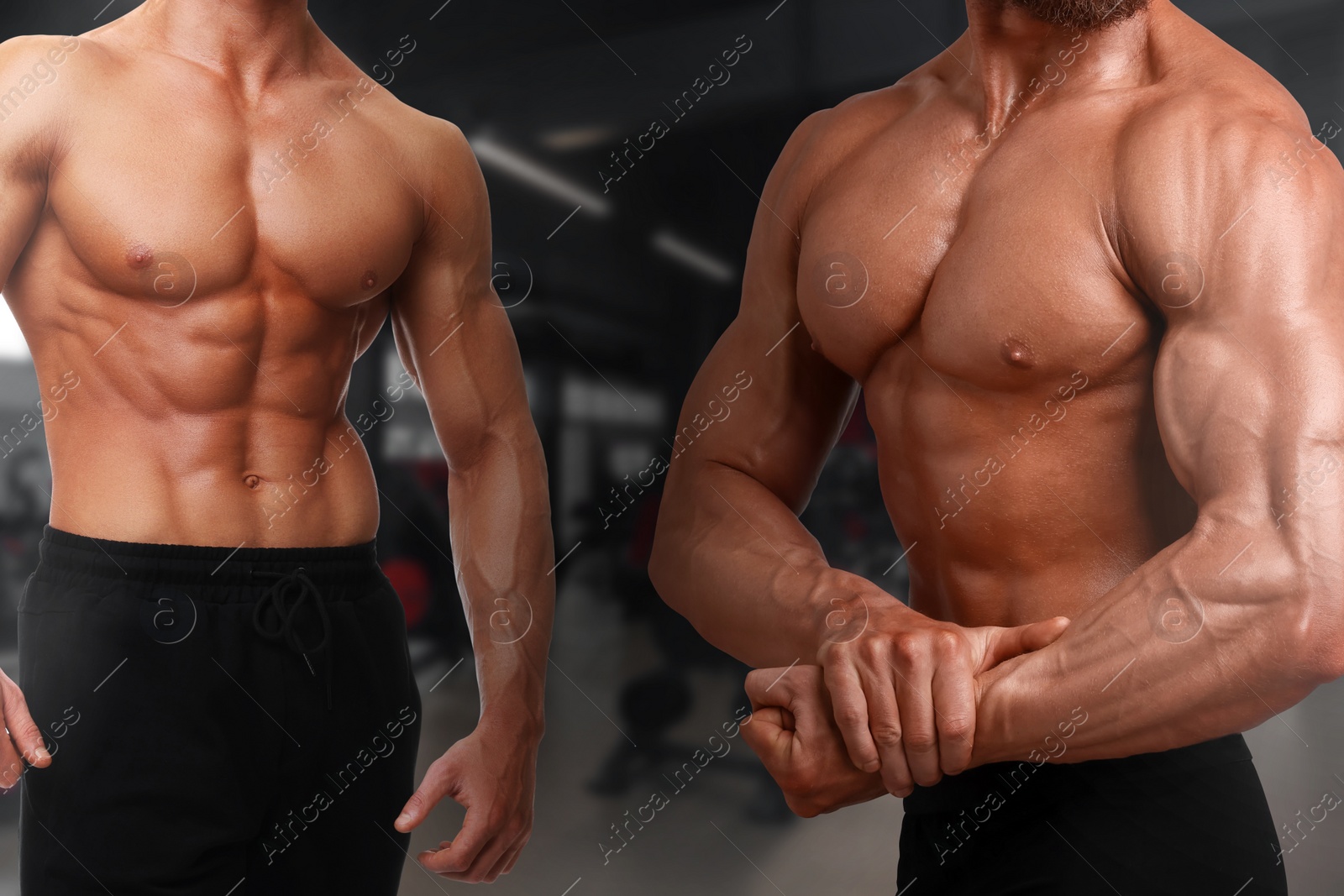 Image of Bodybuilder with muscular body in gym, closeup. Set of photos