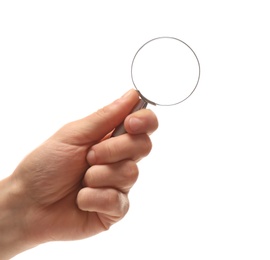 Photo of Woman holding magnifying glass on white background, closeup