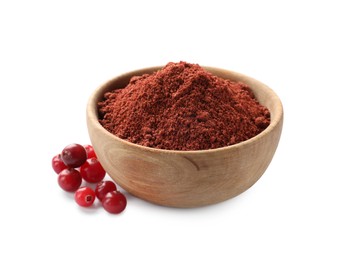 Cranberry powder in bowl and fresh berries isolated on white