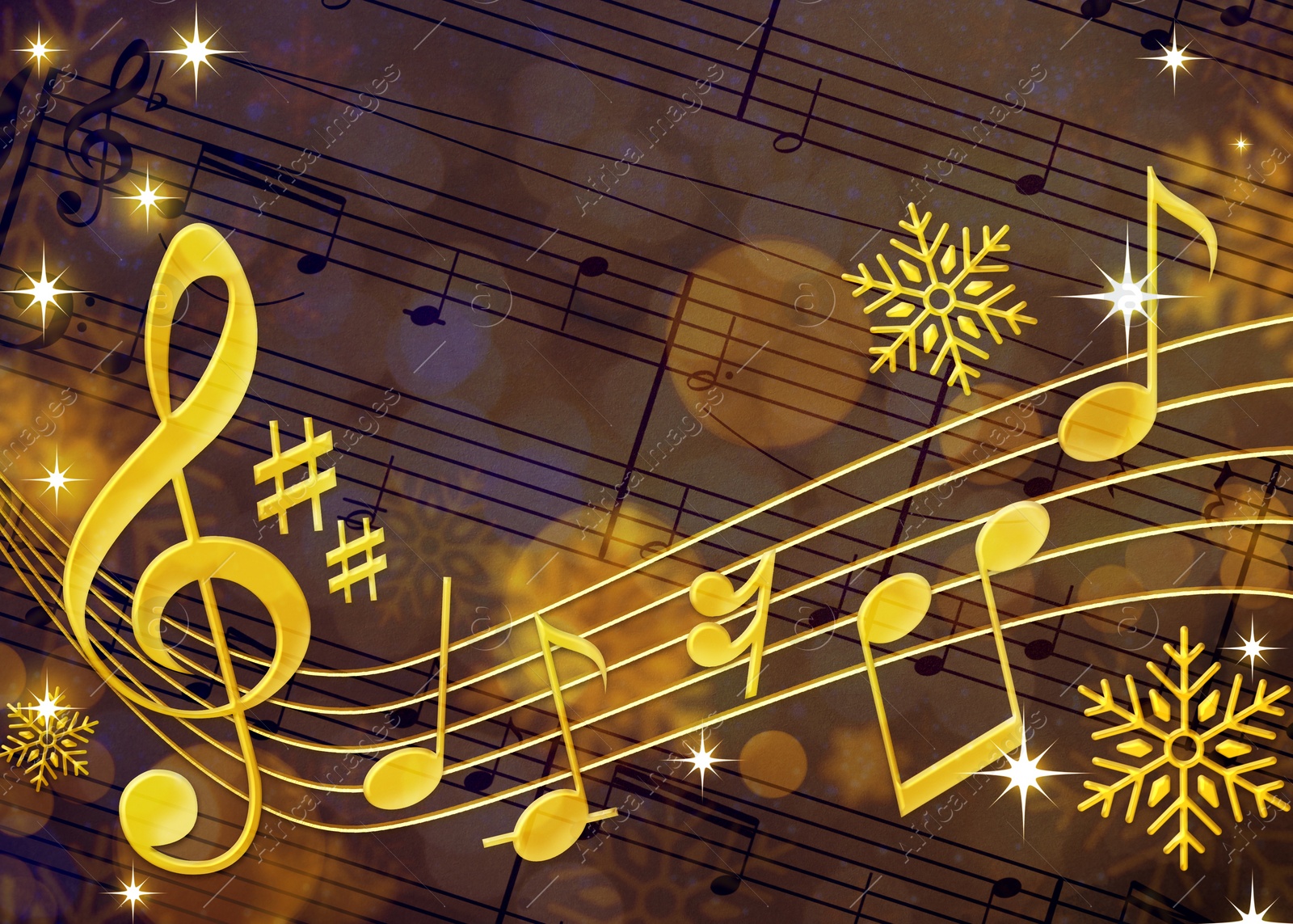 Image of Treble clef, music notes, snowflakes and sheet with musical symbols. Bokeh effect