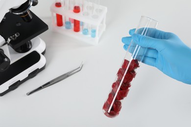 Photo of Scientist holding test tube with pieces of raw cultured meat in laboratory, closeup. Space for text