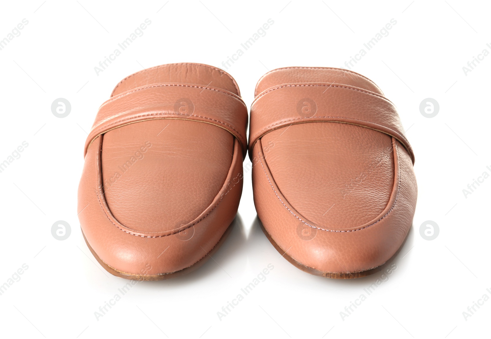 Photo of Pair of female shoes on white background