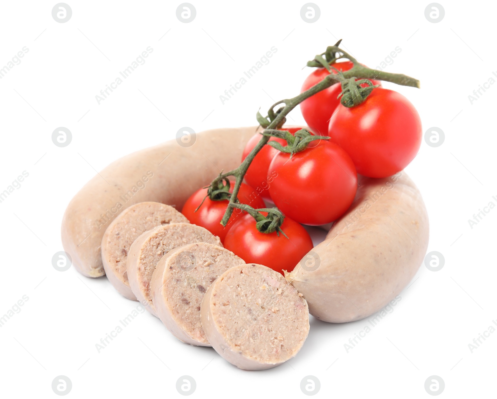 Photo of Delicious liver sausage with tomatoes on white background