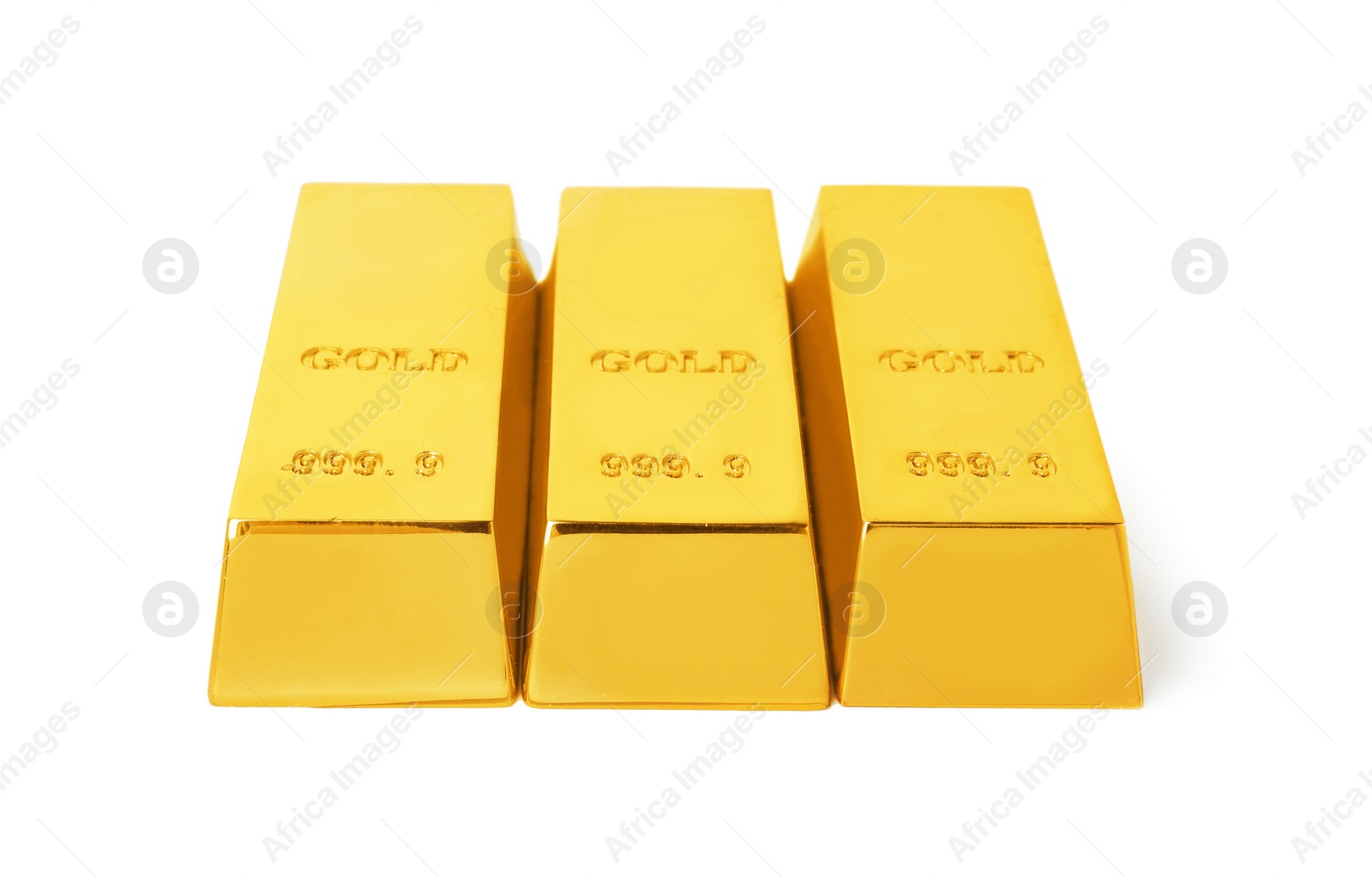 Photo of Precious shiny gold bars on white background