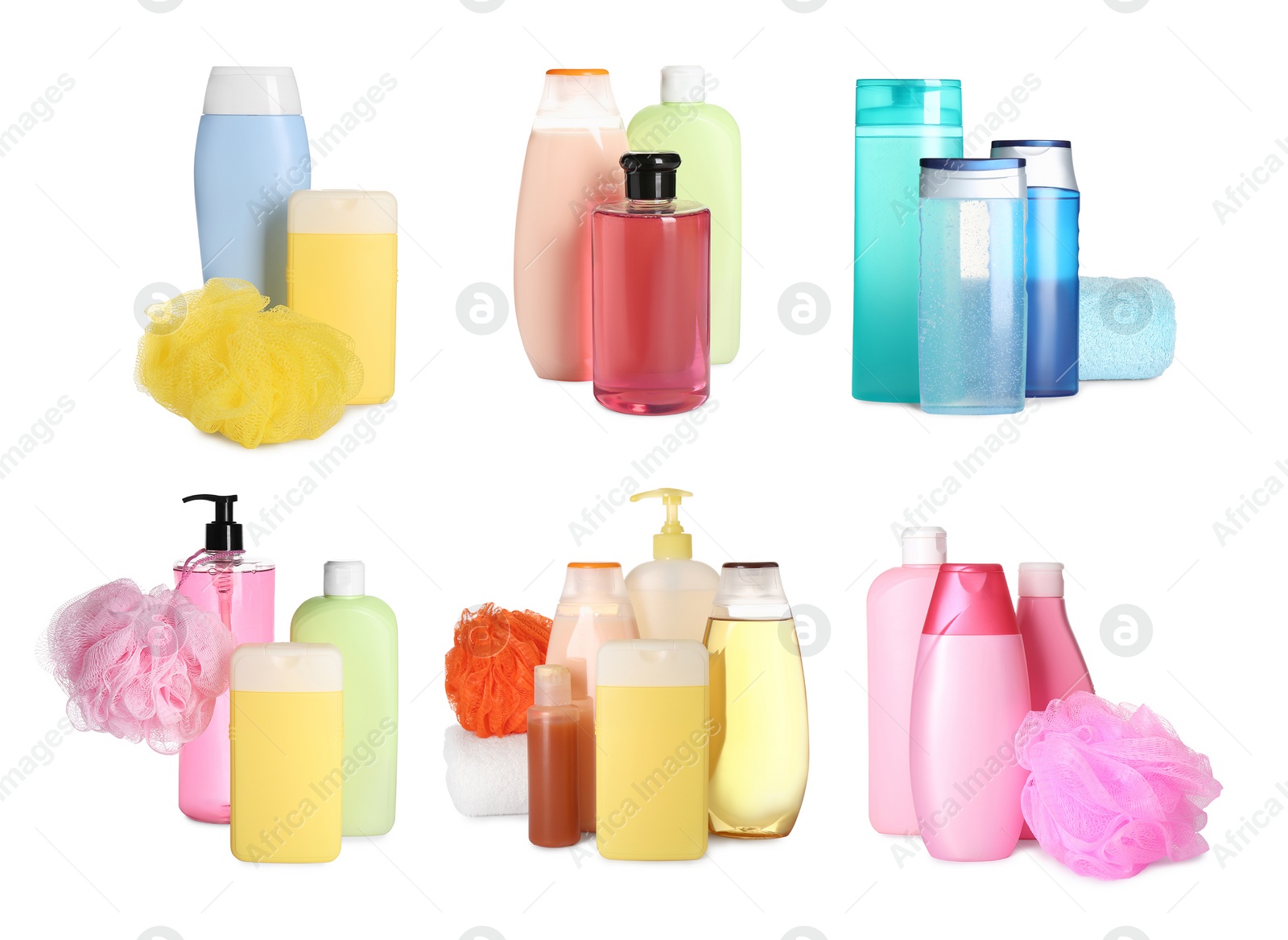 Image of Set with different shower gels on white background 