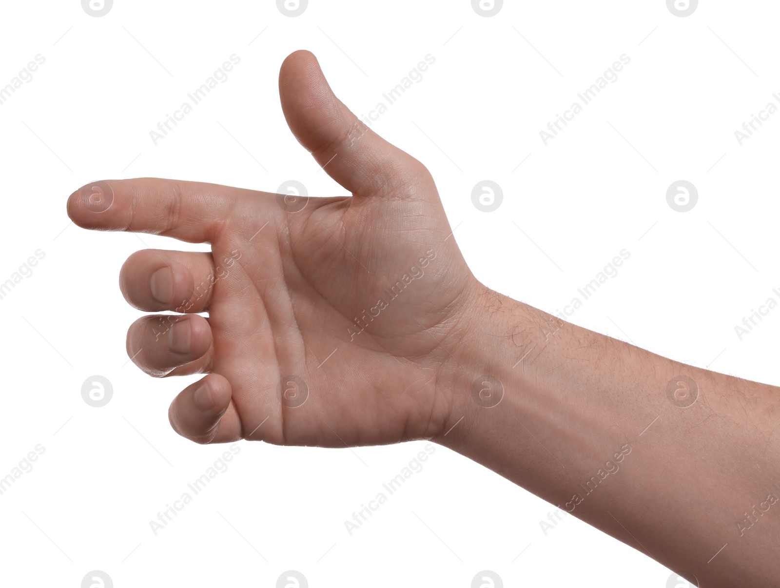 Photo of Man holding something in hand on white background, closeup