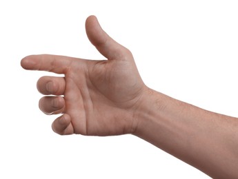 Photo of Man holding something in hand on white background, closeup