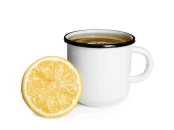 Cup with hot tea and lemon on white background