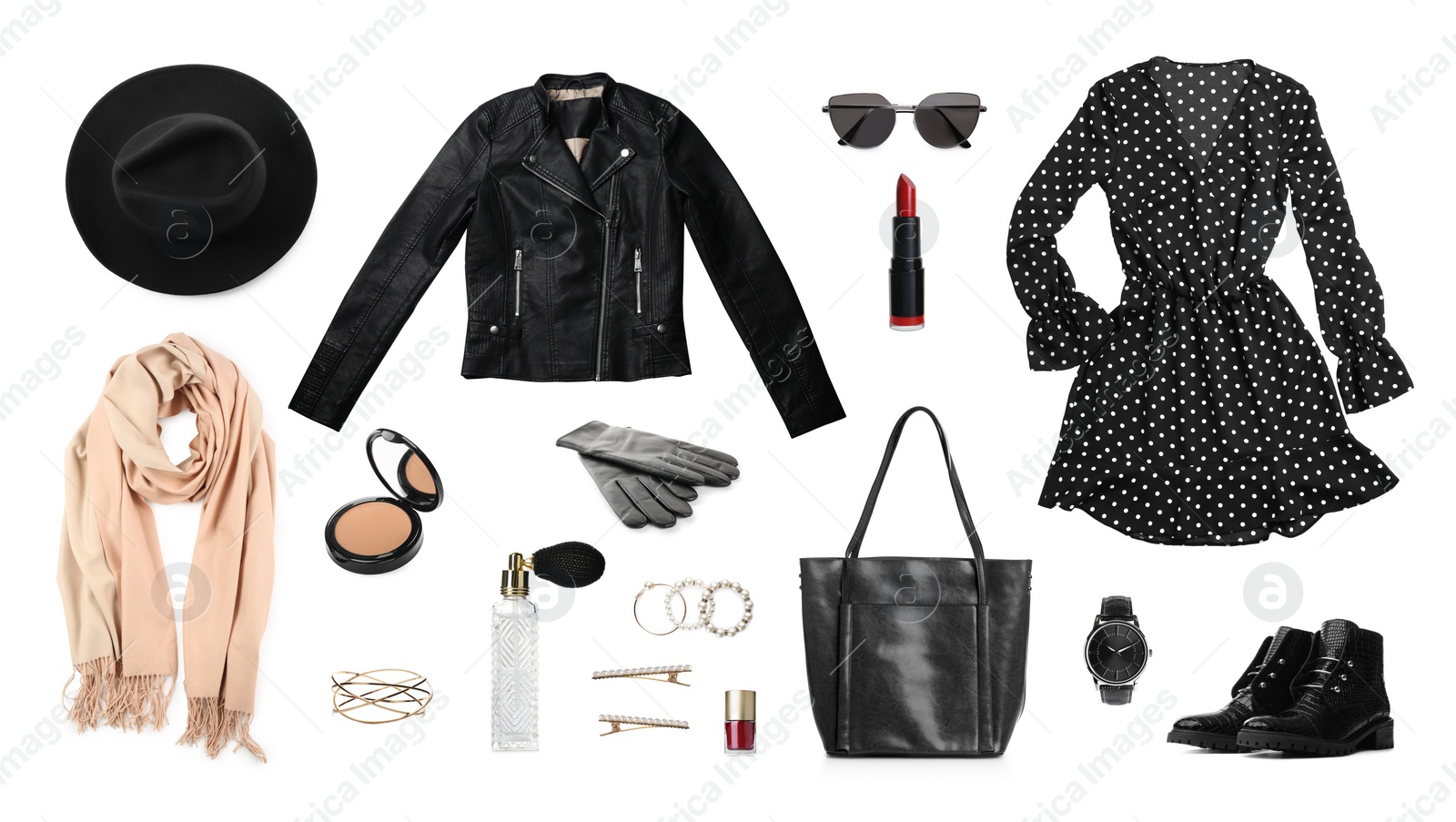 Image of Collage with different clothes, cosmetics and accessories for stylish look on white background. Fall-winter fashion