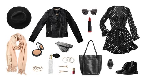 Image of Collage with different clothes, cosmetics and accessories for stylish look on white background. Fall-winter fashion