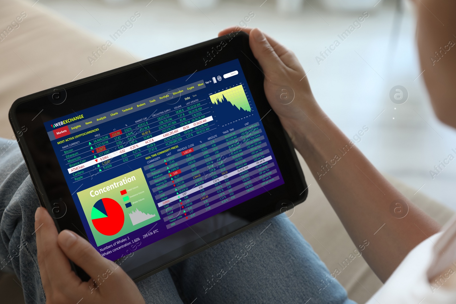 Image of Woman analyzing electronic trading platform on tablet indoors, closeup. Stock exchange