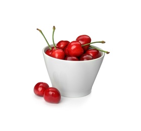 Bowl with sweet red cherries on white background