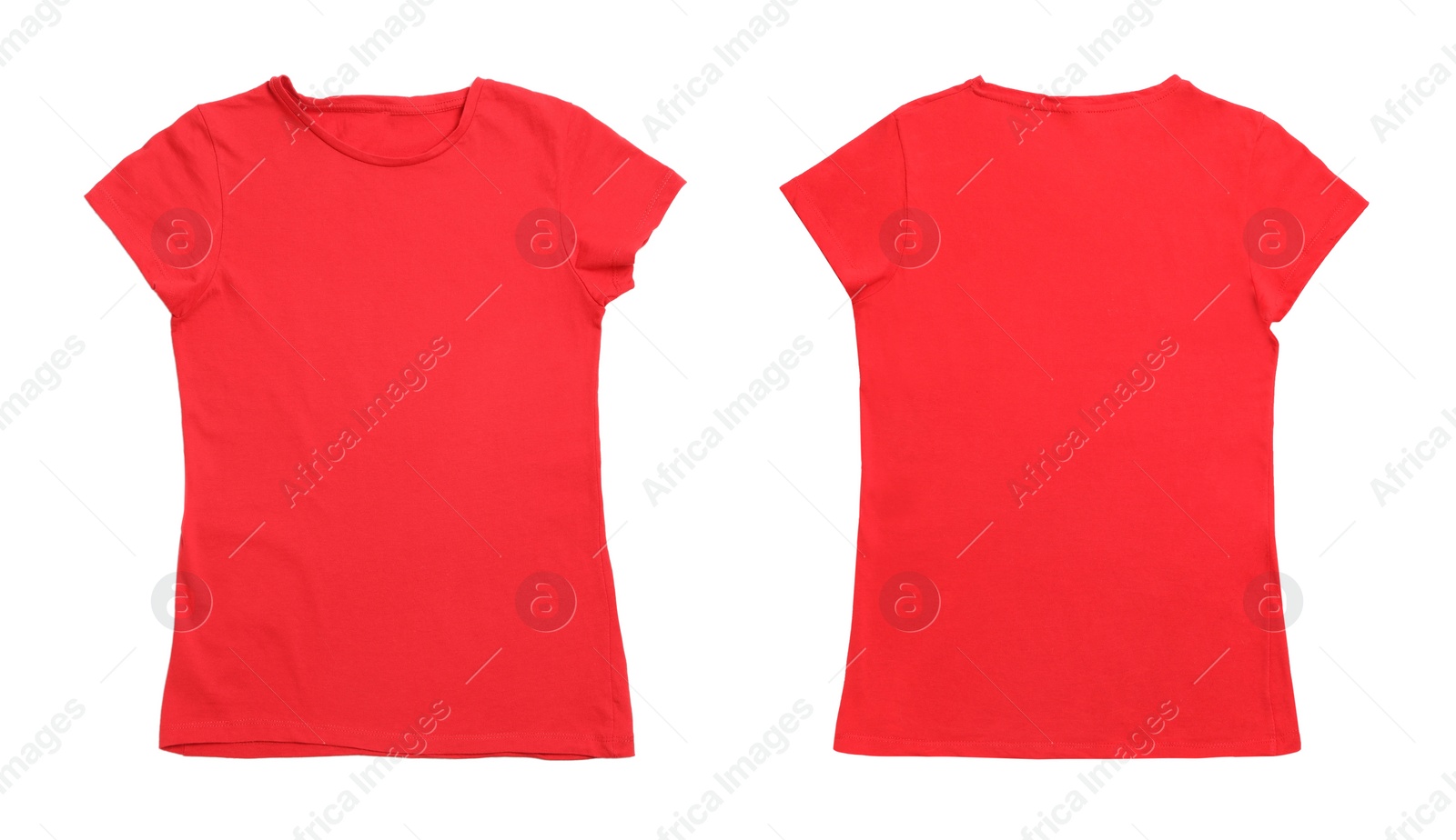 Image of Red t-shirt with space for design isolated on white. Back and front views