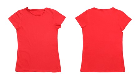 Image of Red t-shirt with space for design isolated on white. Back and front views