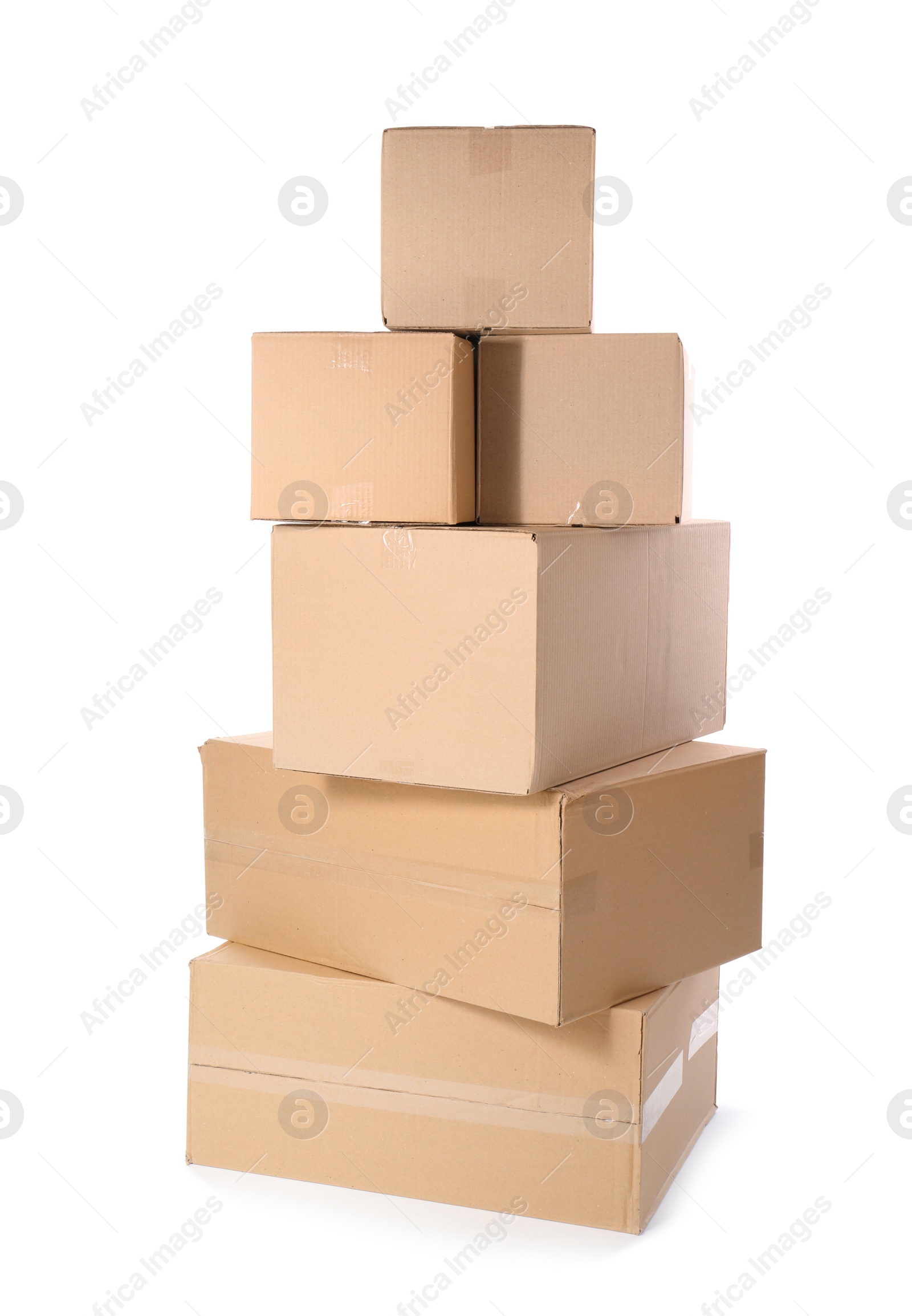 Photo of Cardboard parcel boxes on white background. Mockup for design