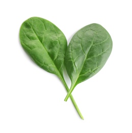 Fresh green leaves of healthy baby spinach on white background, top view