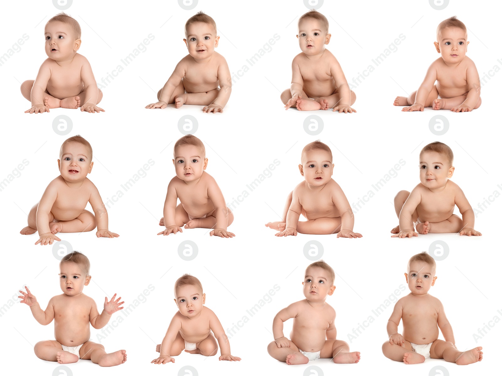 Image of Collage of cute little baby on white background