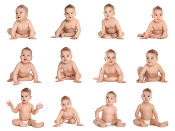 Collage of cute little baby on white background