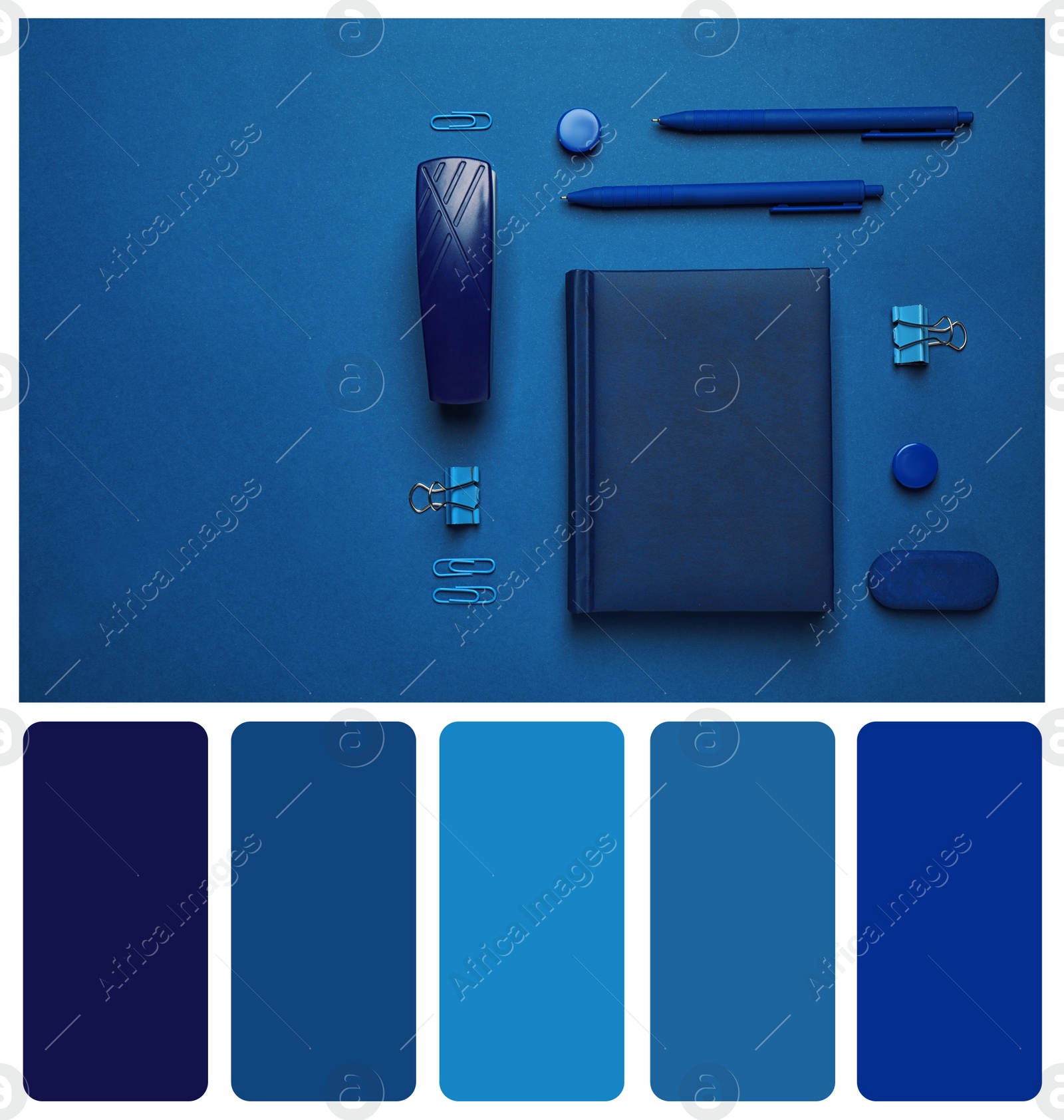 Image of Flat lay composition inspired by color of the year 2020 (Classic blue) on bright background
