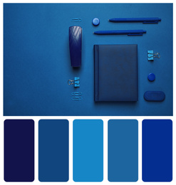 Flat lay composition inspired by color of the year 2020 (Classic blue) on bright background