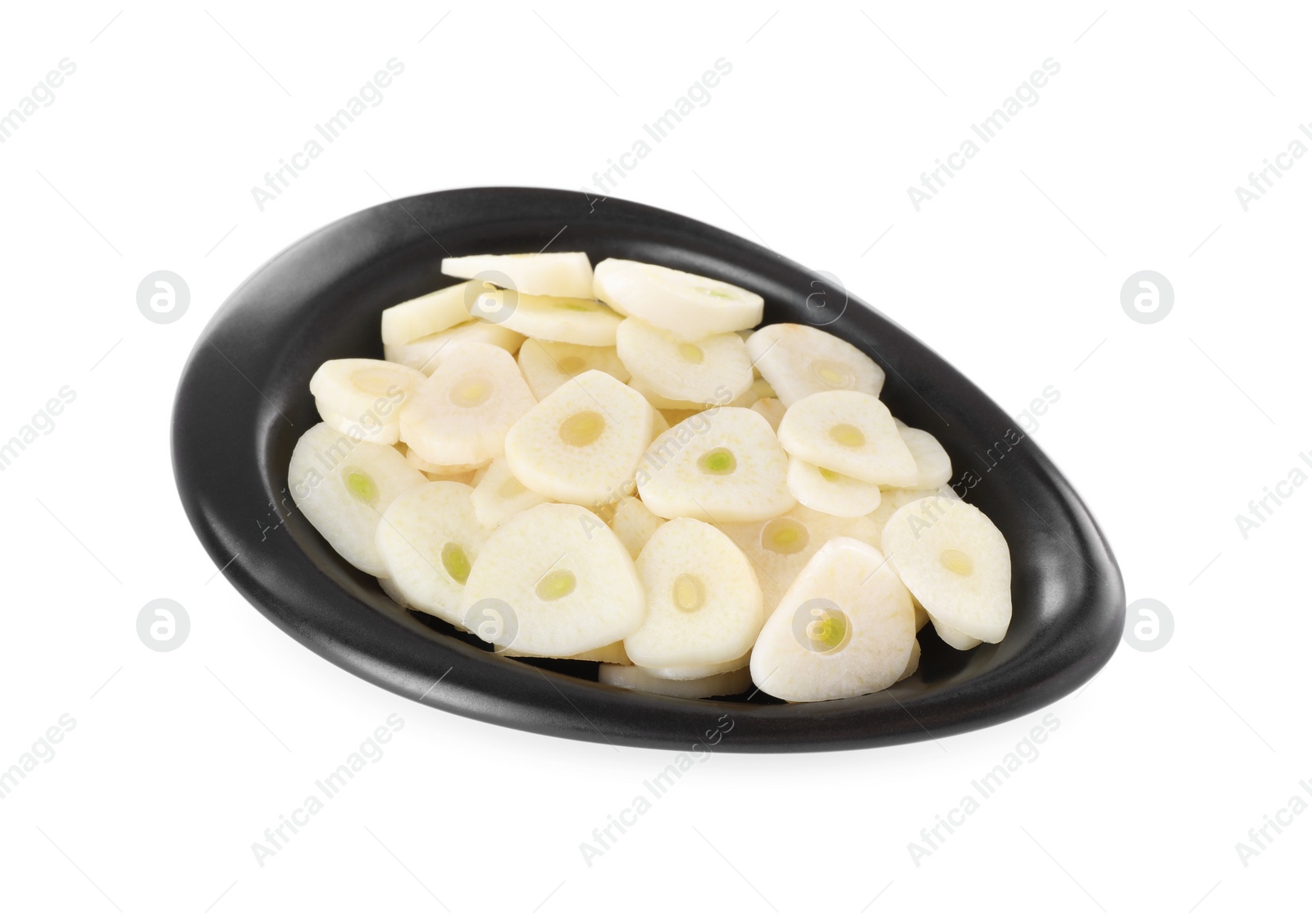 Photo of Pieces of fresh garlic in bowl isolated on white