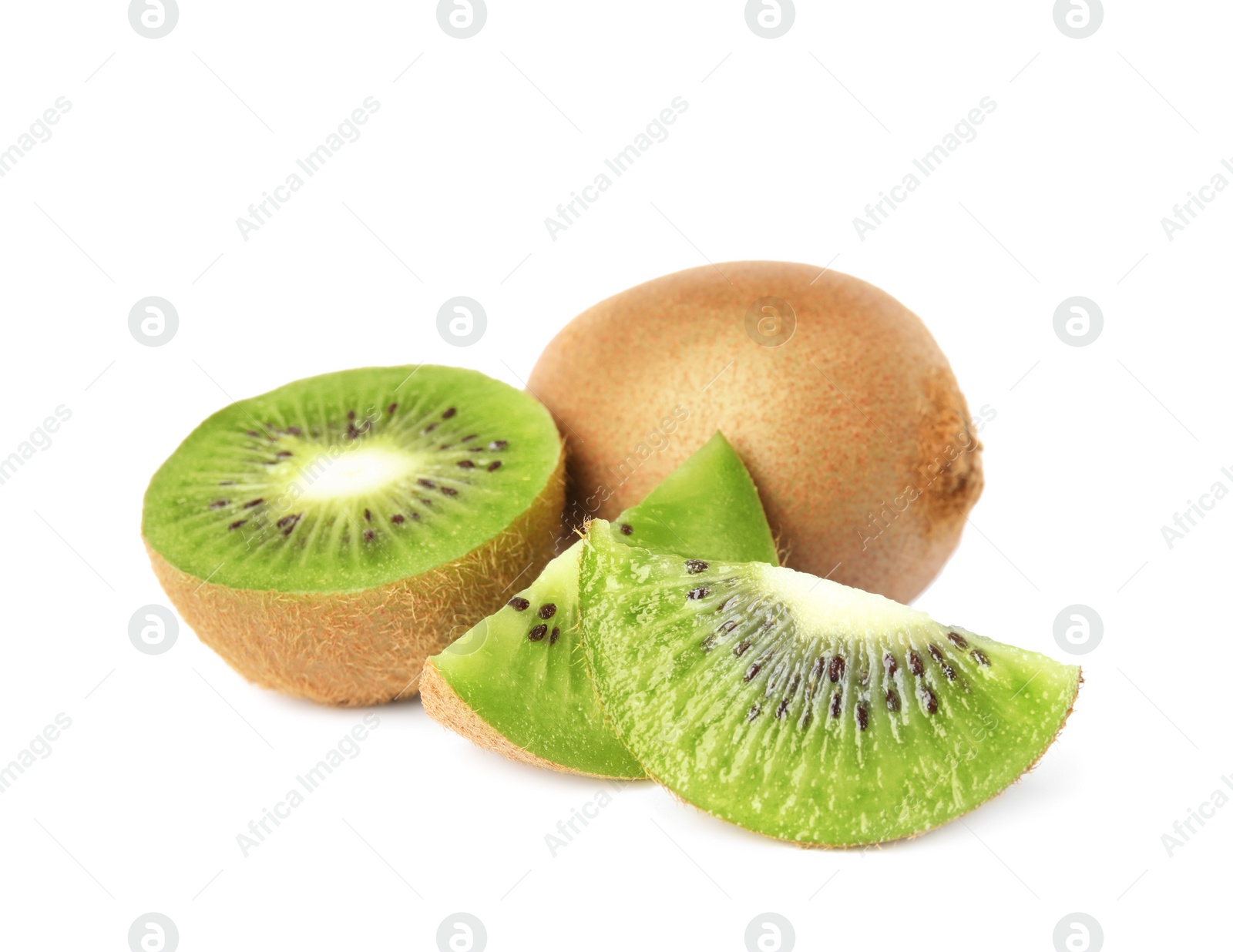 Photo of Cut and whole fresh kiwis on white background