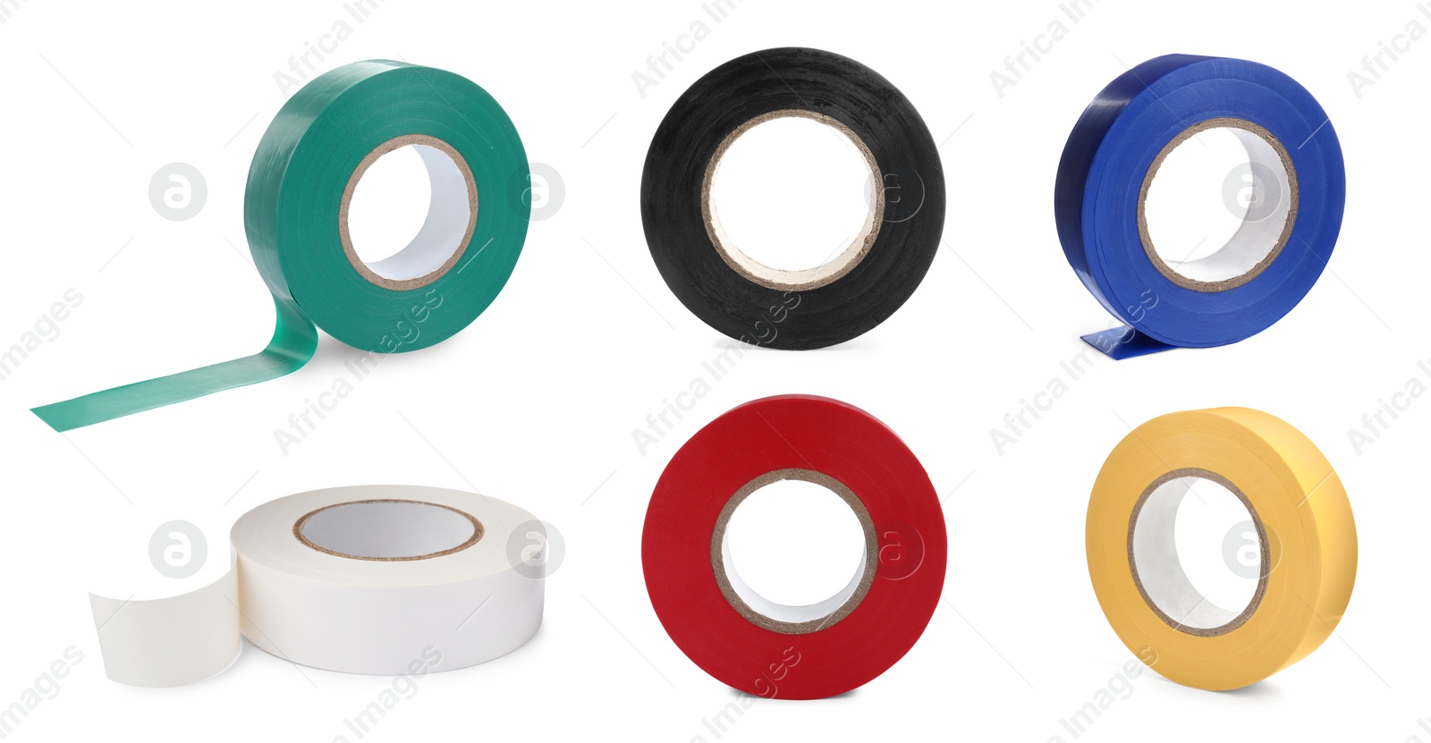 Image of Collage with insulating tapes in different colors on white background