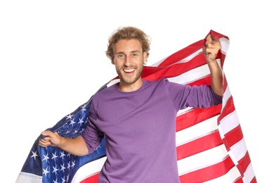 Photo of Young man with American flag on white background