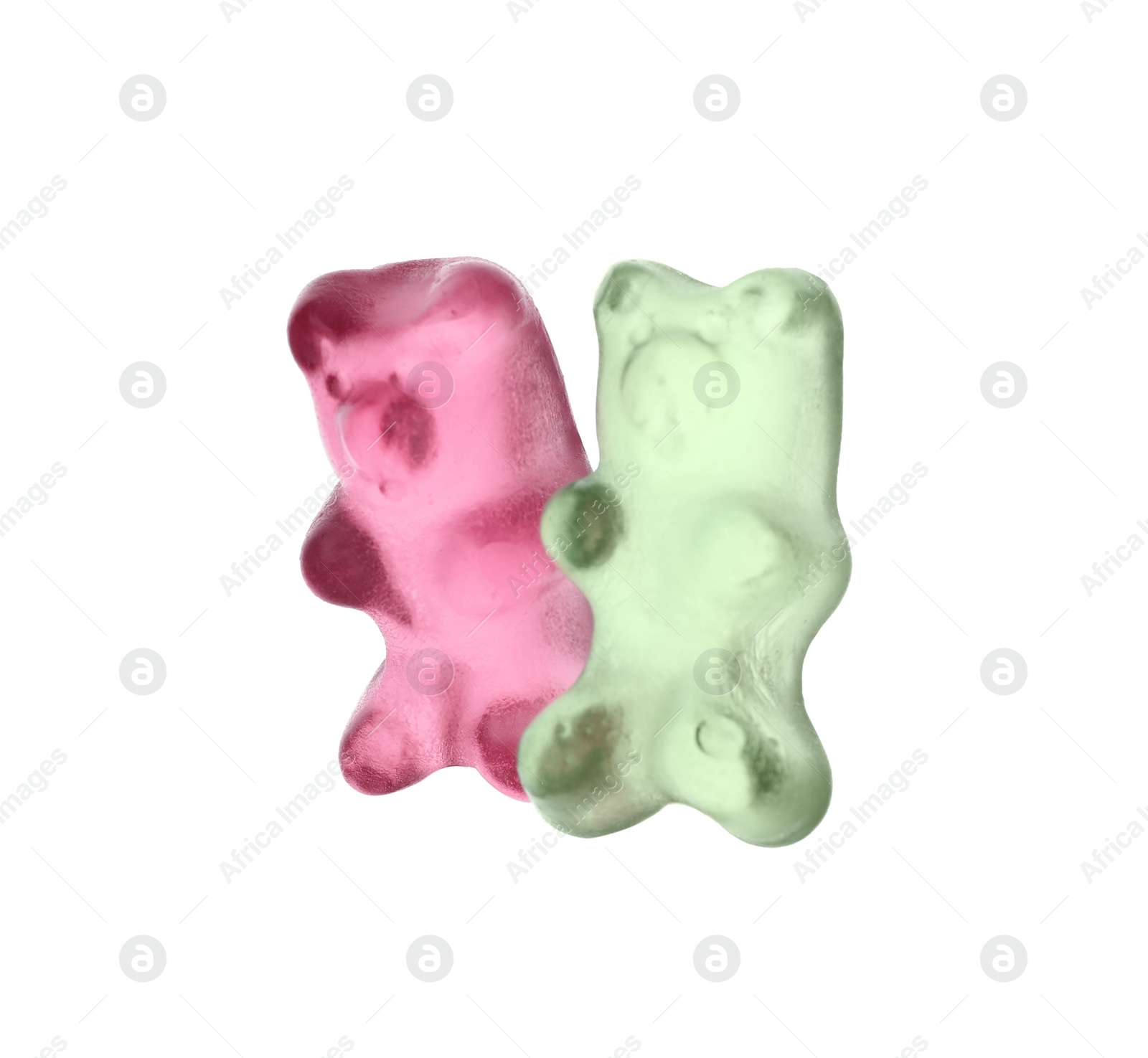 Photo of Delicious colorful jelly bears on white background