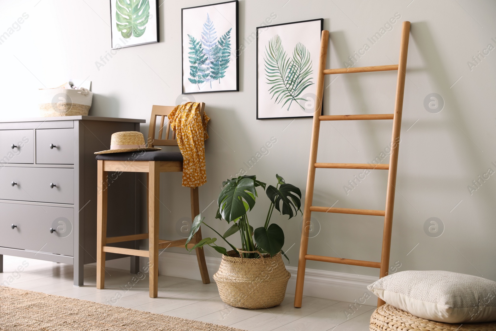 Photo of Stylish room interior with decorative ladder and monstera plant