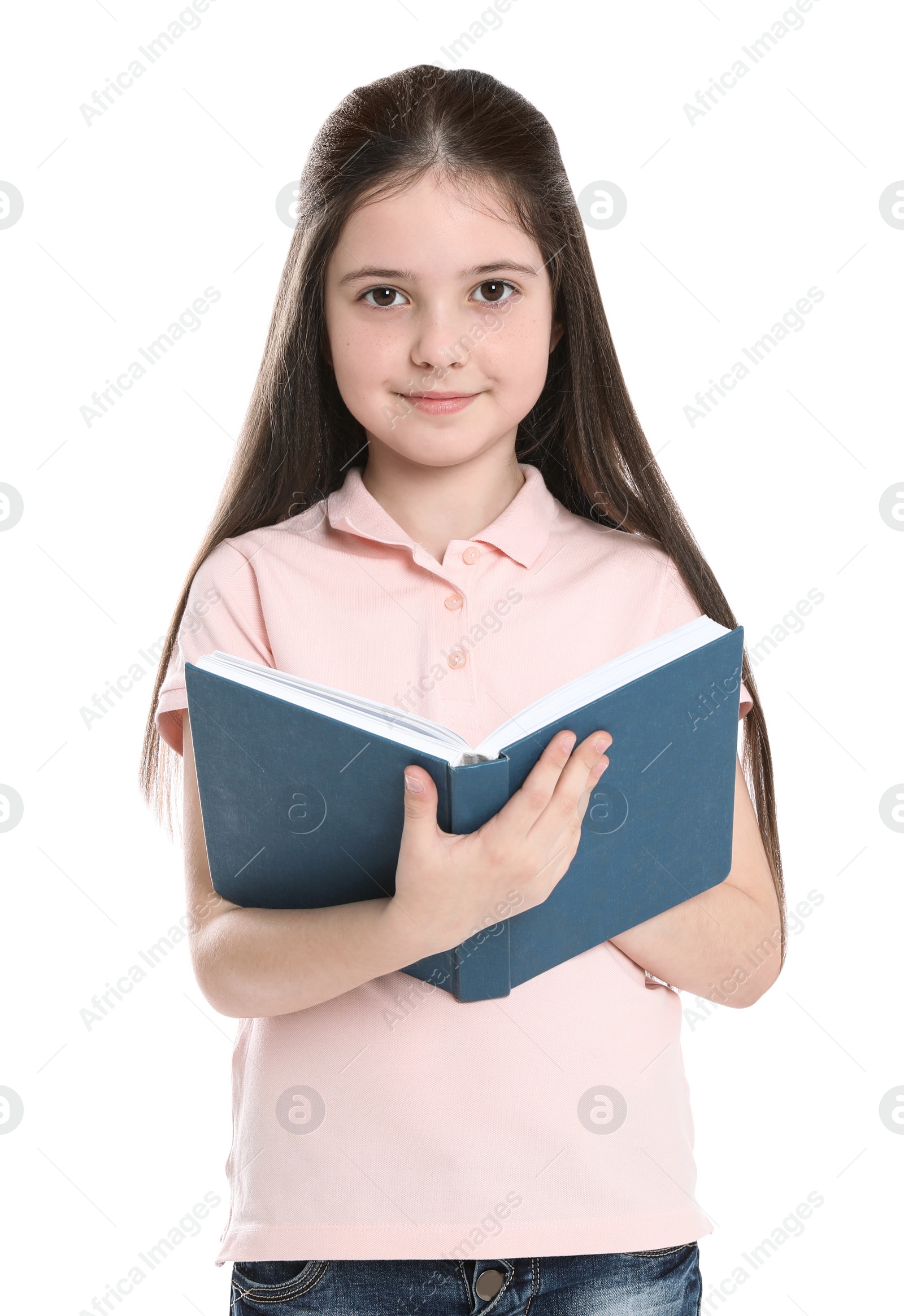 Photo of Cute little girl reading book on white background