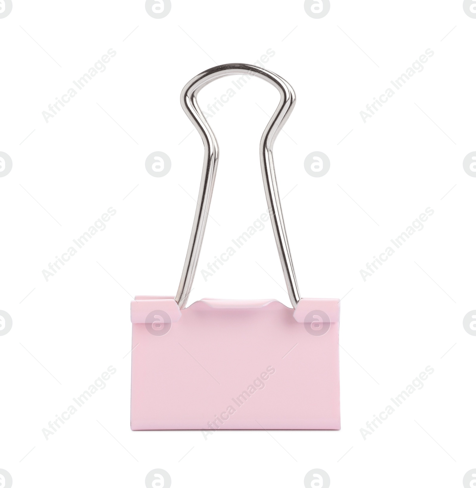 Photo of Pink binder clip isolated on white. Stationery item