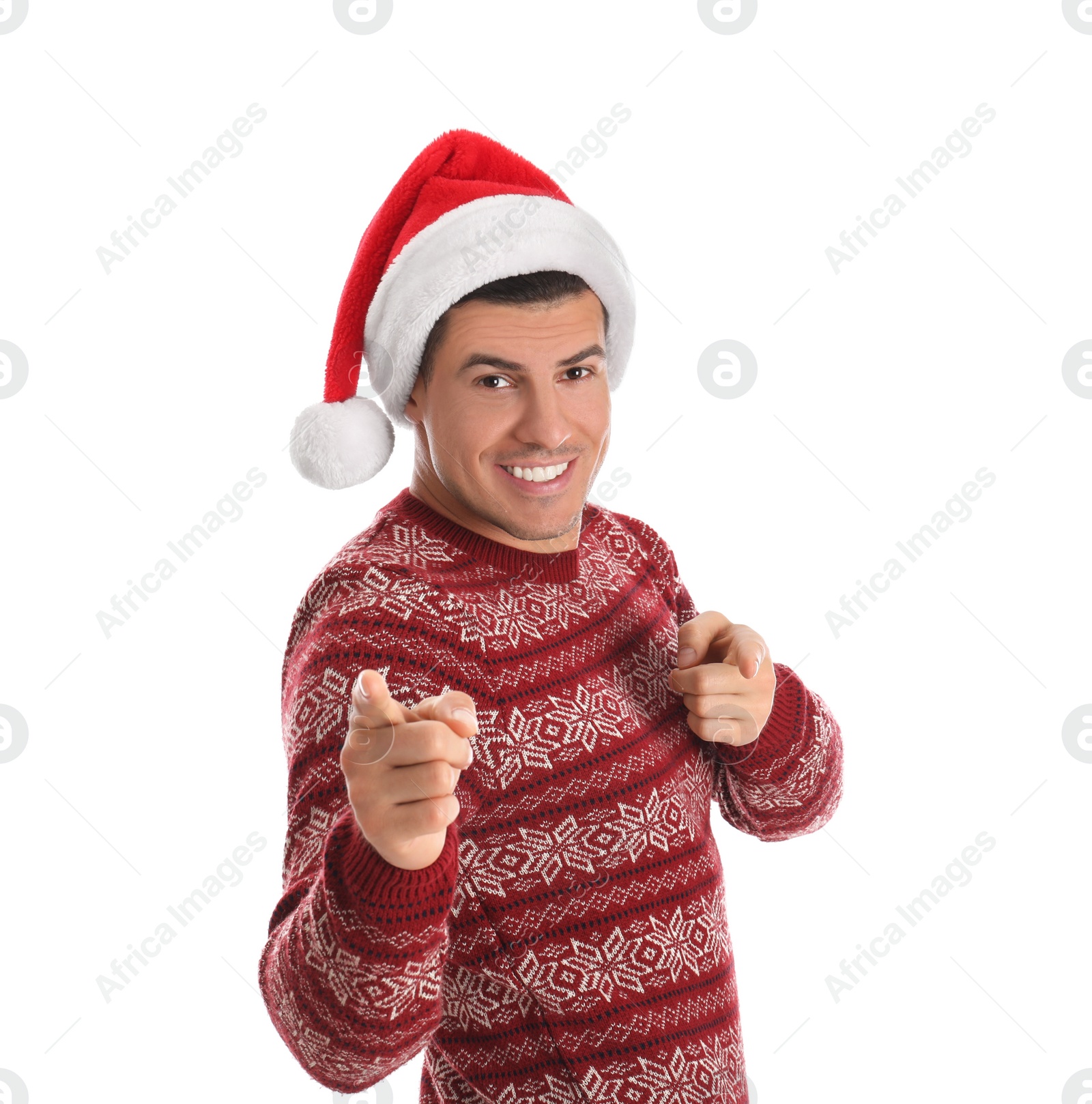 Photo of Handsome man wearing Santa hat on white background