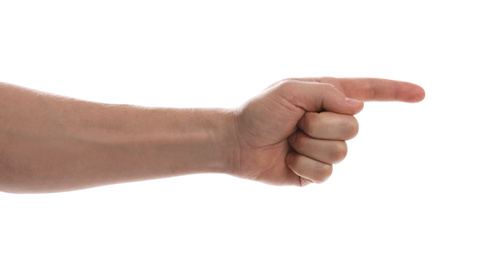 Photo of Man pointing at something against white background, closeup of hand