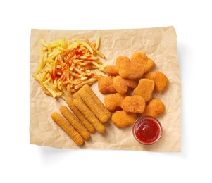 Photo of Tasty french fries, chicken nuggets and cheese sticks with ketchup isolated on white, top view