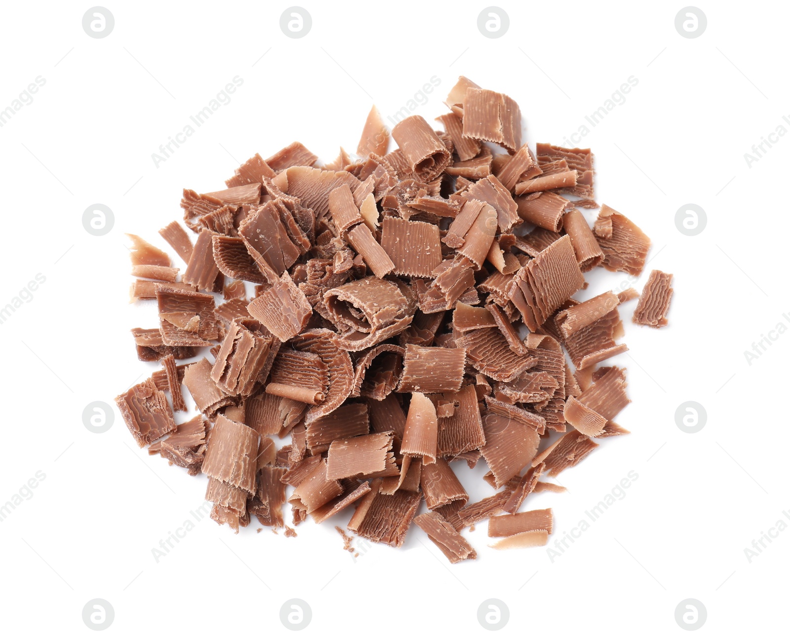 Photo of Pile of tasty chocolate shavings isolated on white, top view