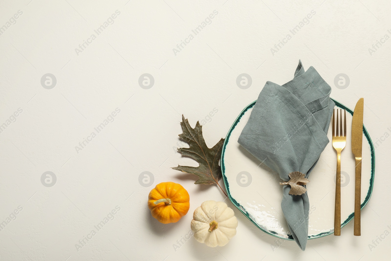 Photo of Stylish autumn table setting on white background, flat lay. Space for text