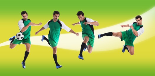 Image of Handsome sportsman playing football on light green background, collage