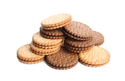 Photo of Different tasty sandwich cookies on white background