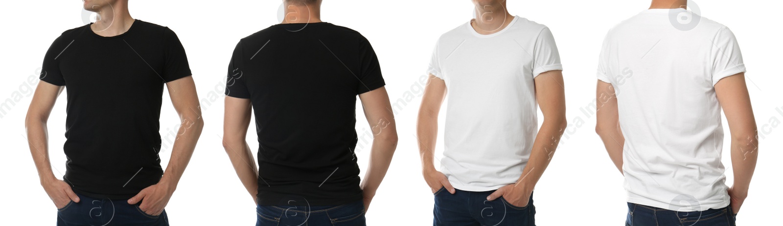 Image of Men in t-shirts on white background, closeup with back and front view. Mockup for design