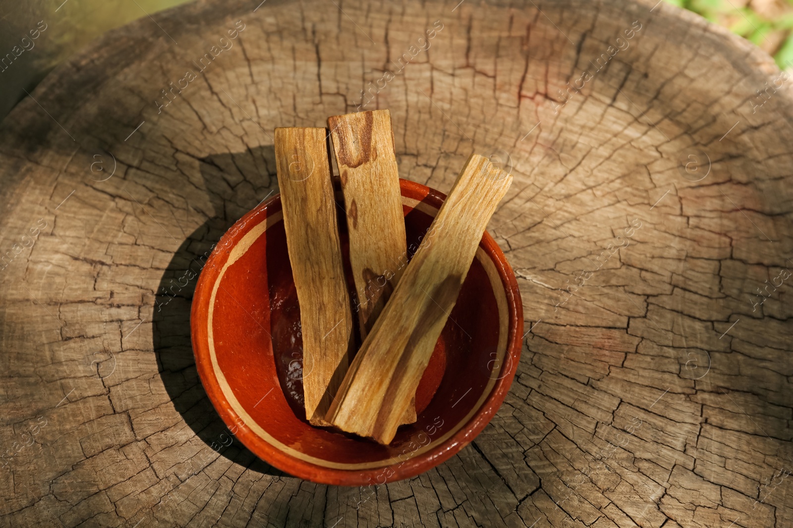 Photo of Palo santo sticks on wooden stump, top view