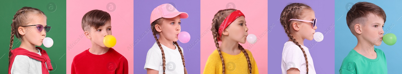 Image of Cute children blowing bubble gums on color backgrounds, set of photos