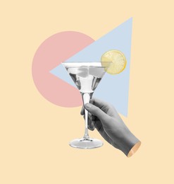 Image of Man holding cocktail in hand on color background. Creative art design