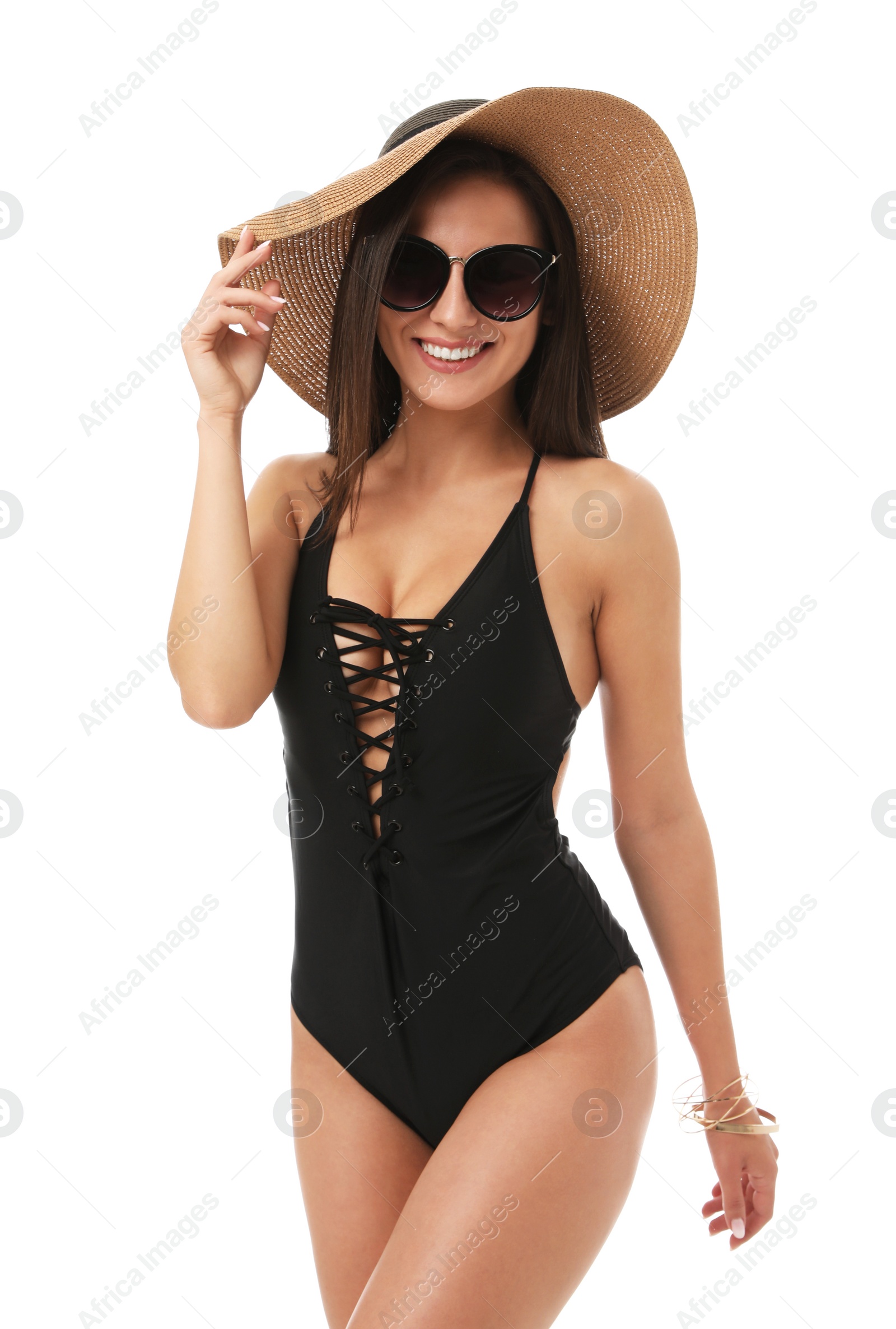 Photo of Pretty sexy woman with slim body in stylish black bikini on white background